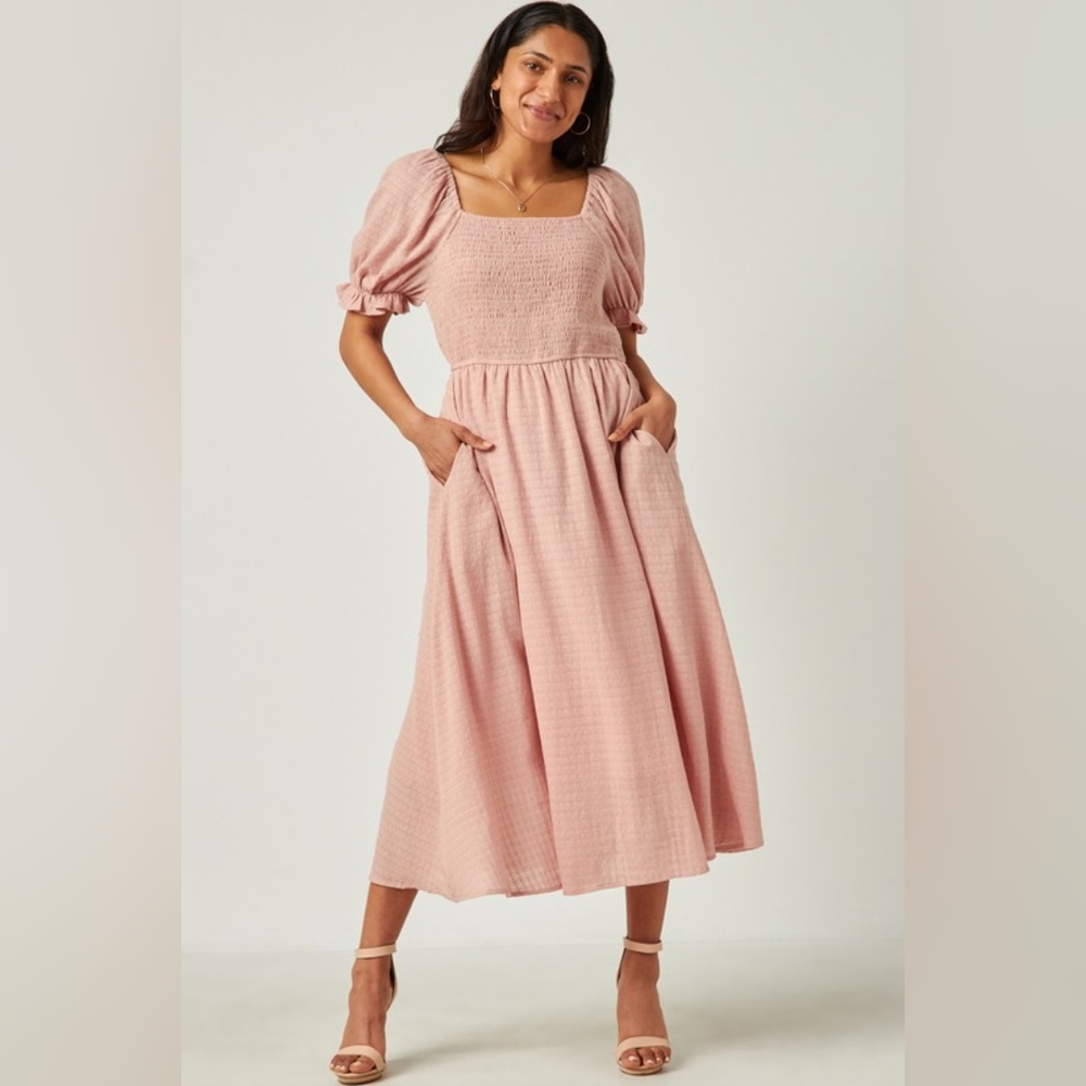 Pink Midi Dress NWT Short Sleeve Square Neck Maternity Friendly